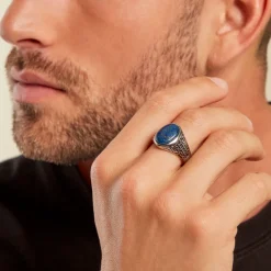 Chevalière Keegan Acier Blanc Lapis Lazuli Oxyde De Zirconium