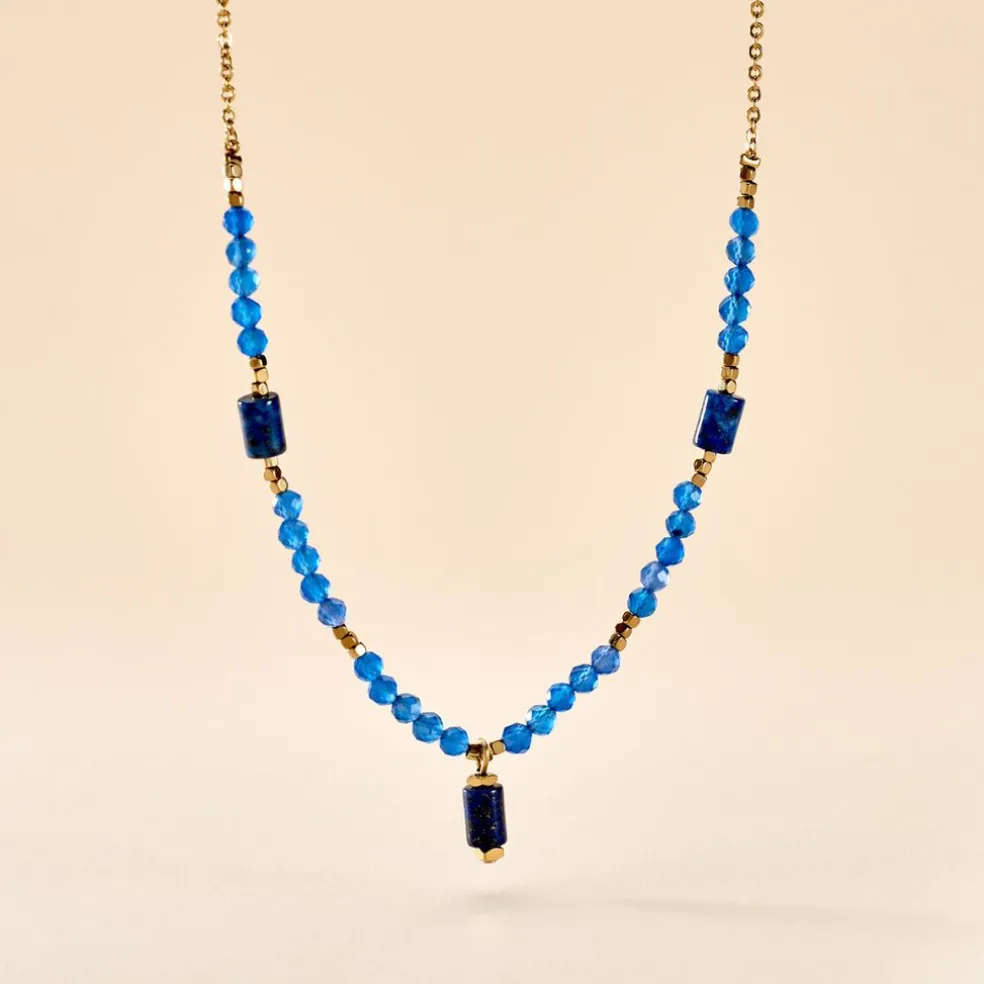 Collier Attila Acier Doré Lapis Lazuli Agate