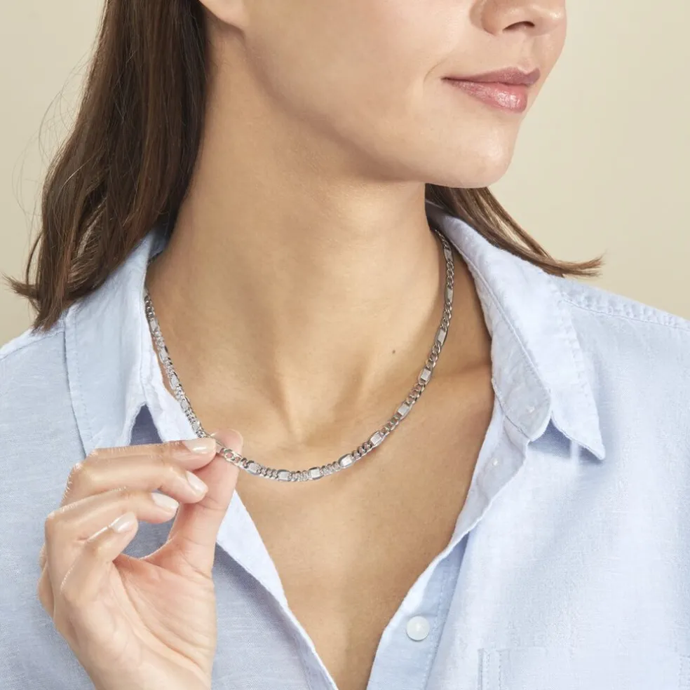 Collier Jeremi Maille Alternee 1/3 Et Plaquettes Argent Blanc