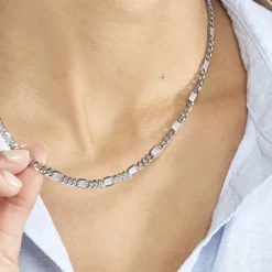 Collier Jeremi Maille Alternee 1/3 Et Plaquettes Argent Blanc