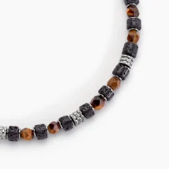 Collier Jourdan Bengale Acier Argenté Oeil De Tigre Pierre De Lave