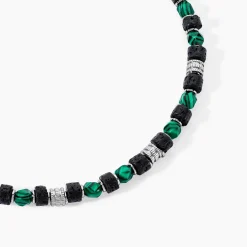 Collier Jourdan Bengale Acier Argenté Malachite Pierre De Lave