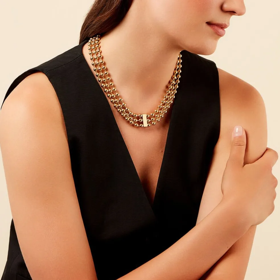 Collier Perles Solaires Acier Jaune