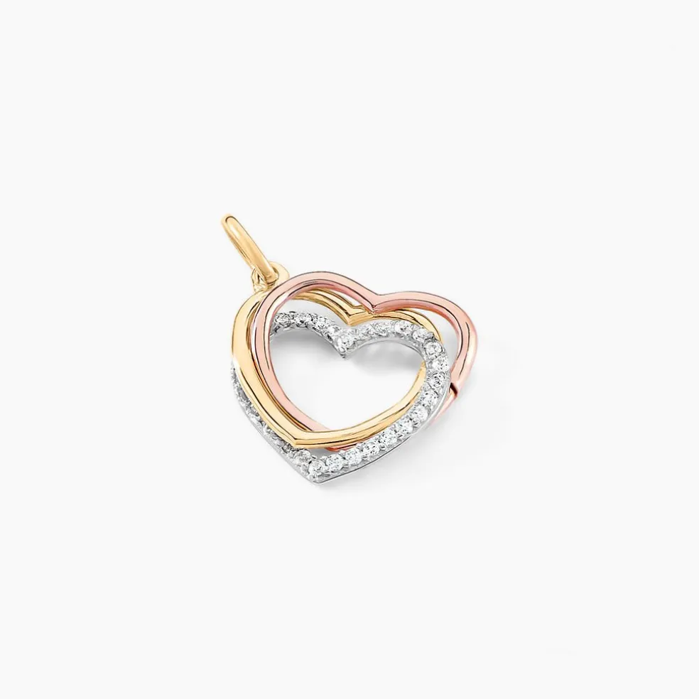 Pendentif Coeur Penche Double Or Tricolore Oxyde De Zirconium