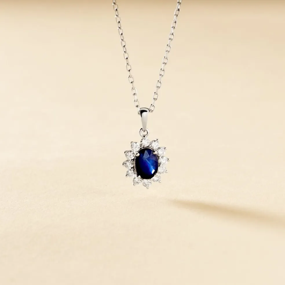 Pendentif Or Blanc Saphir Diamants